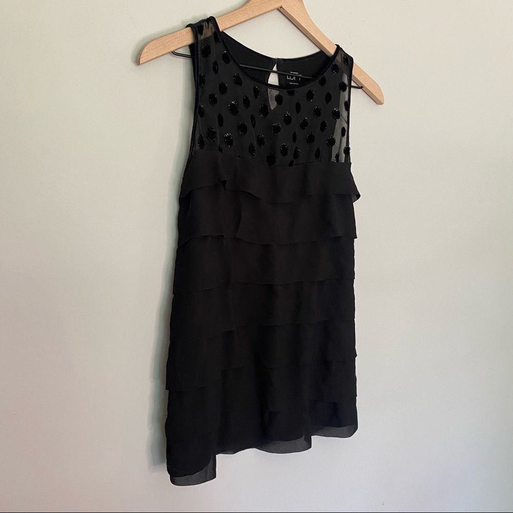 Loft Small Black Tank Top Sheer Polka Dots & Ruffles Sleeveless Blouse - Picture 2 of 7